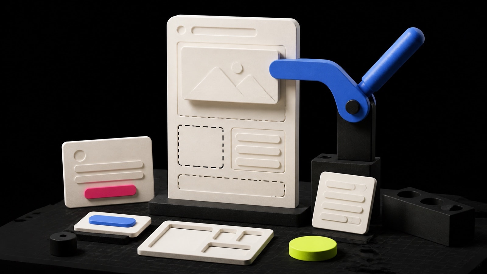 A one-page website assembled from modular content blocks on a workbench